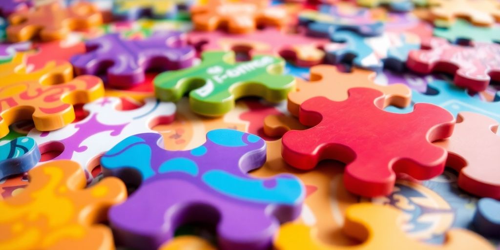 Colorful jigsaw puzzle pieces scattered on a surface.