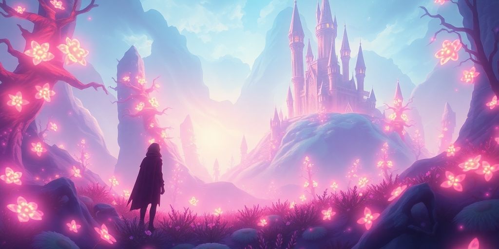 Mystical character exploring a dreamlike, glowing world.