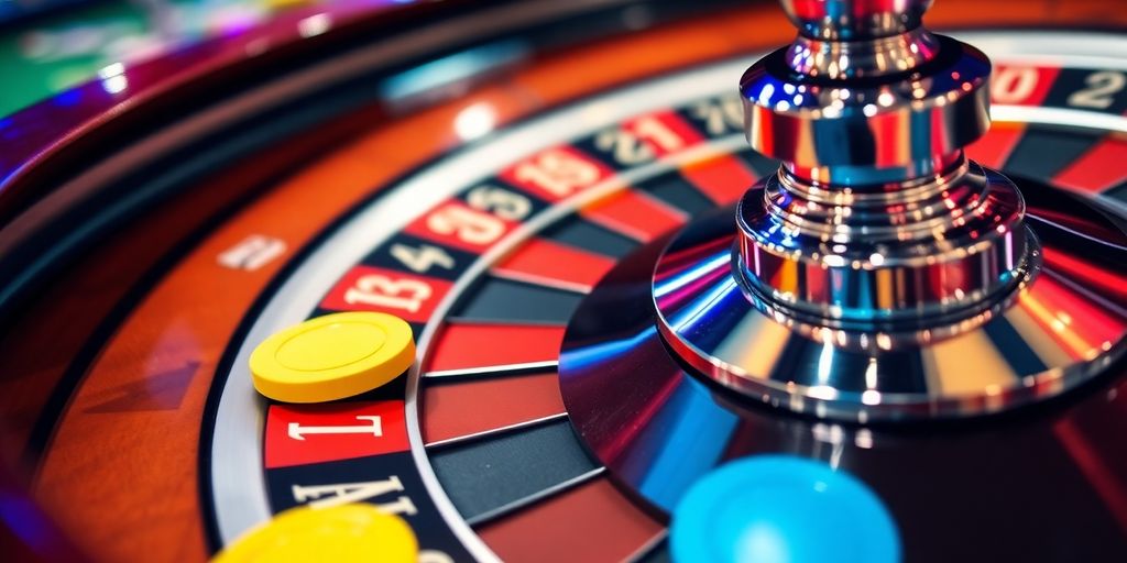 Roulettewiel met kleurenfiches in een casino-omgeving.