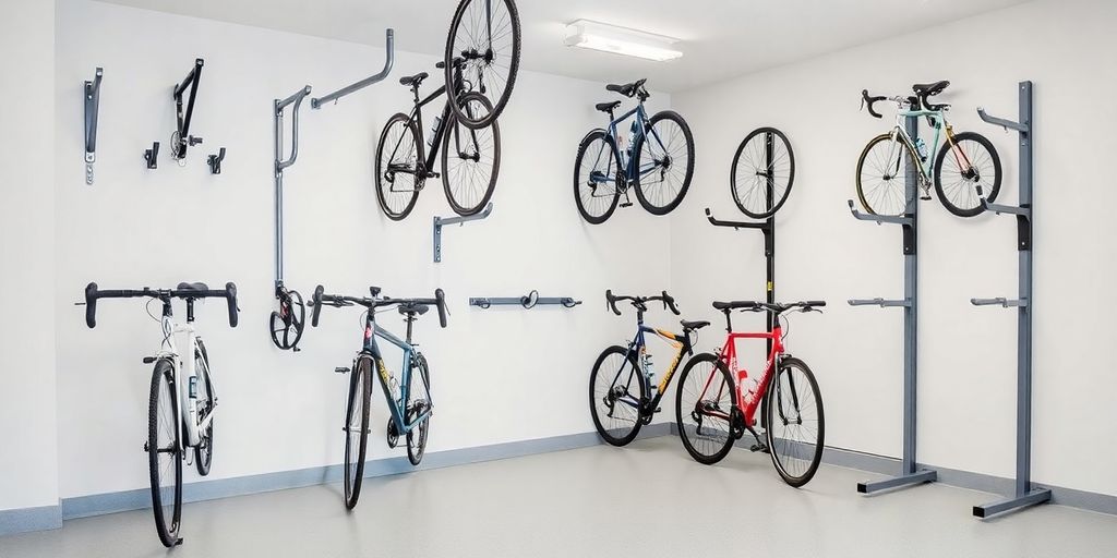 Organized garage with multiple bicycle storage solutions.