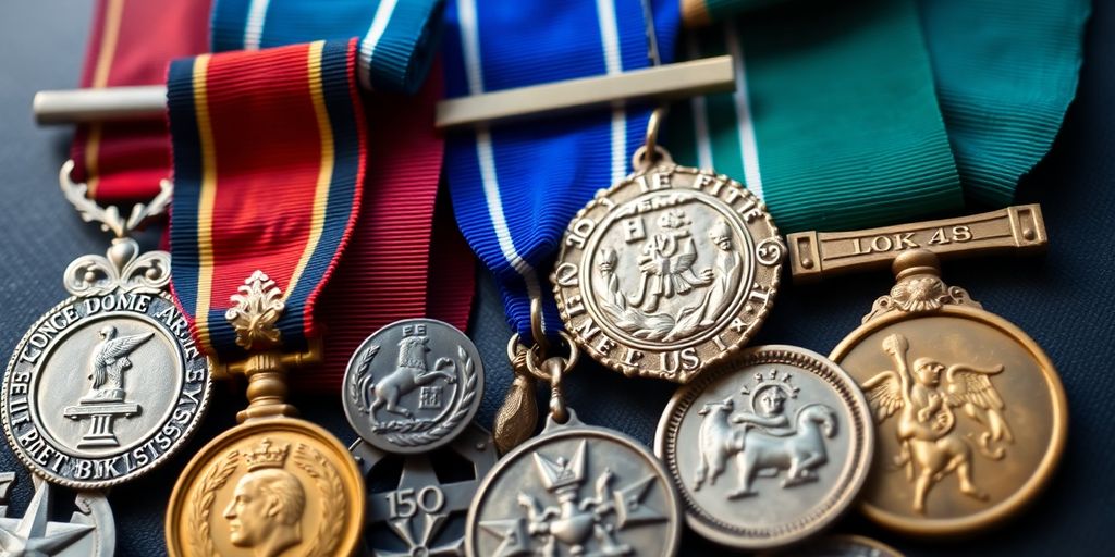 Collection of vintage medals and militaria on display.