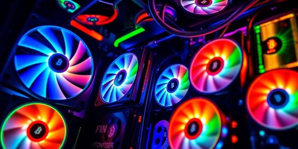 Imagem de um rig de mineração de criptomoedas moderno.