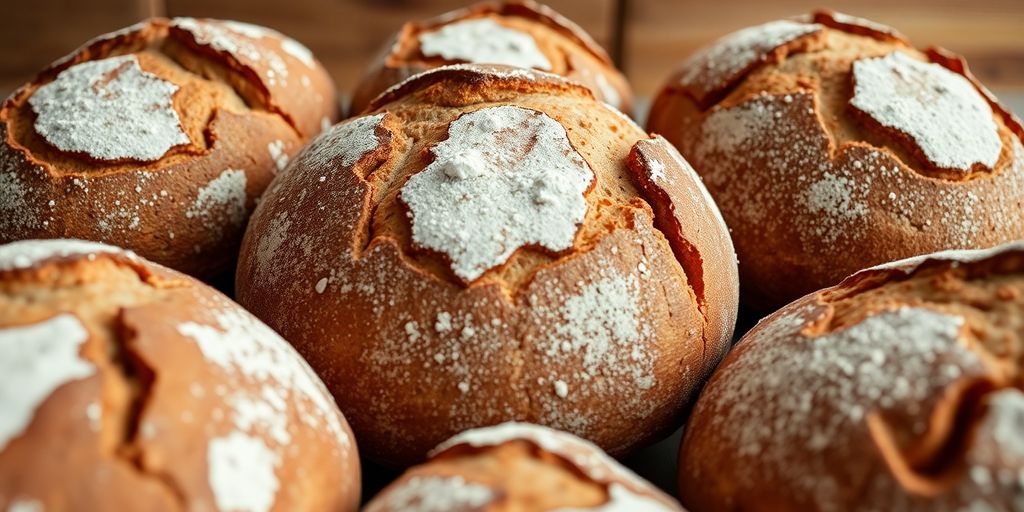 Artisan sourdough loaves, golden crusts, flour dusting, rustic setting.