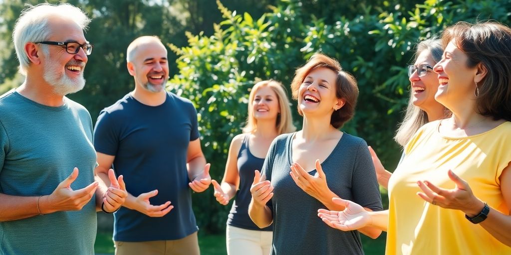 Groep mensen die lachyoga beoefenen in de natuur.