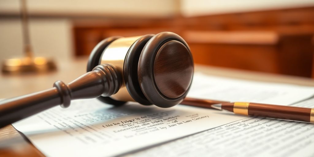 Gavel and legal documents in a courtroom setting.