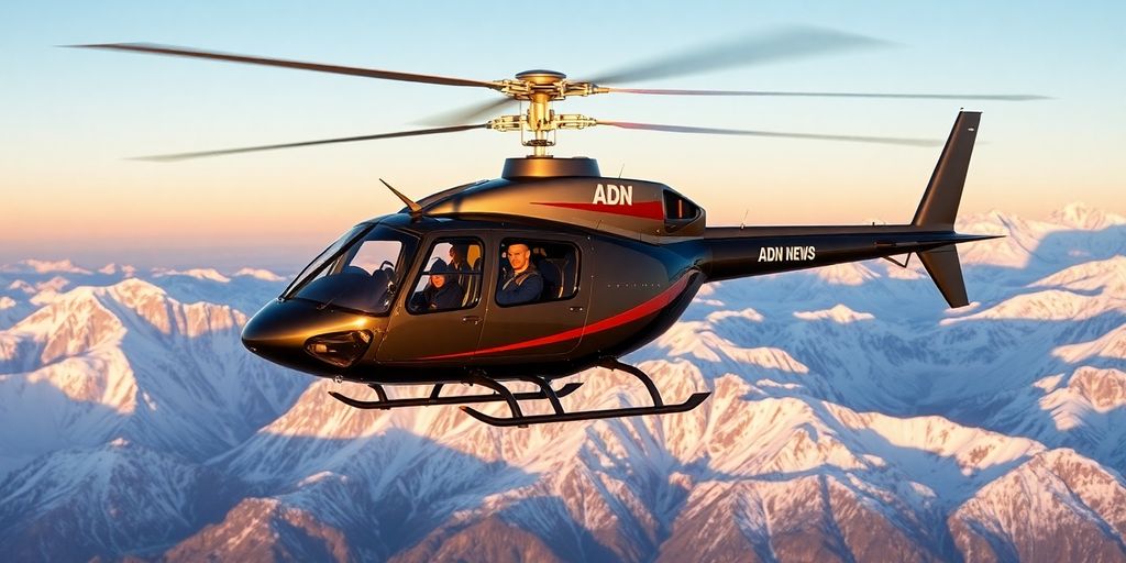 Helicopter flies over Alaskan mountains with a news team.