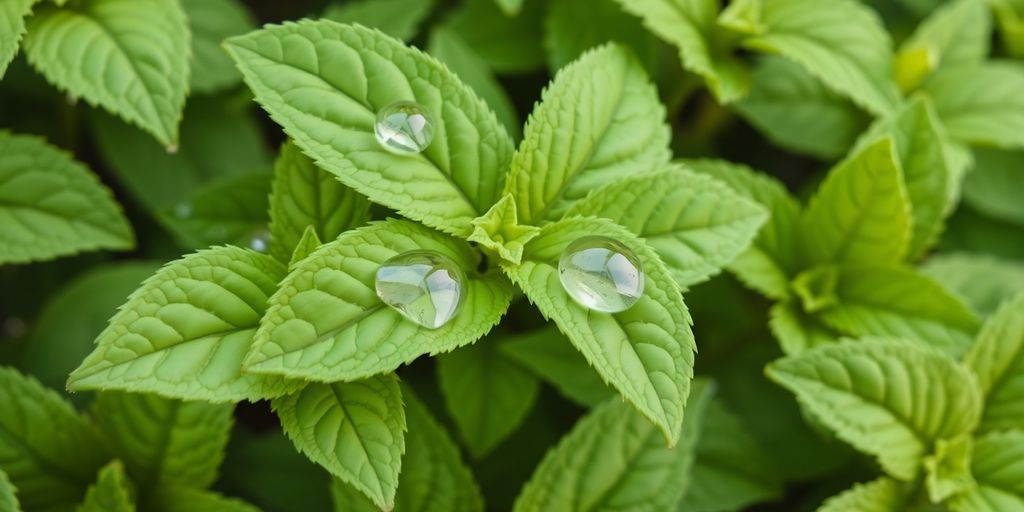 Fresh lemon balm leaves with water droplets.