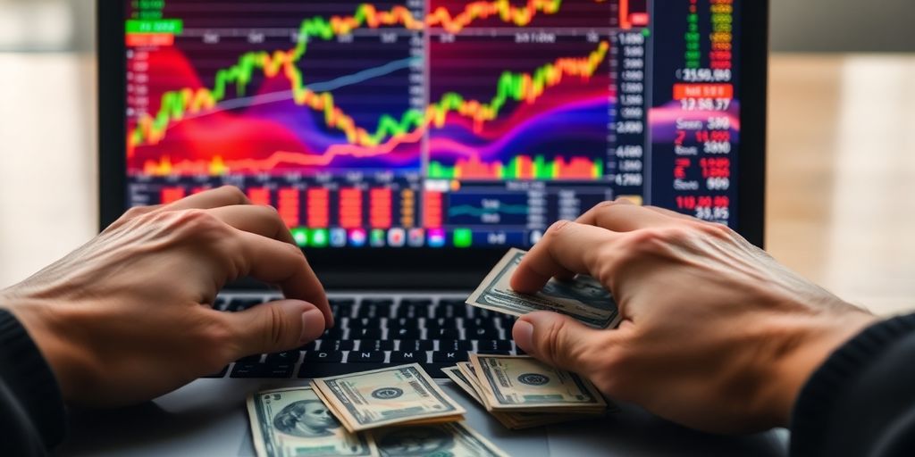 Laptop displaying stock market data, money.