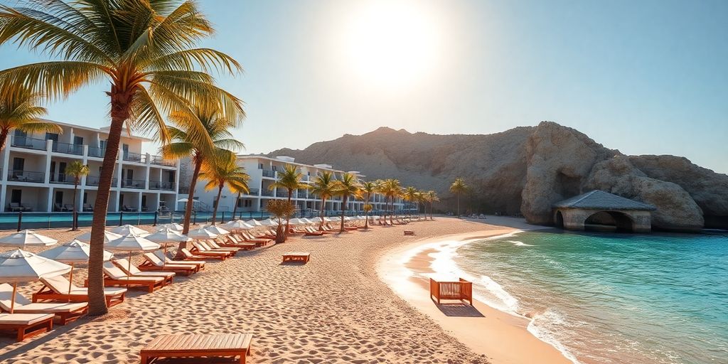 Beautiful beach in Cabo with resorts and palm trees.