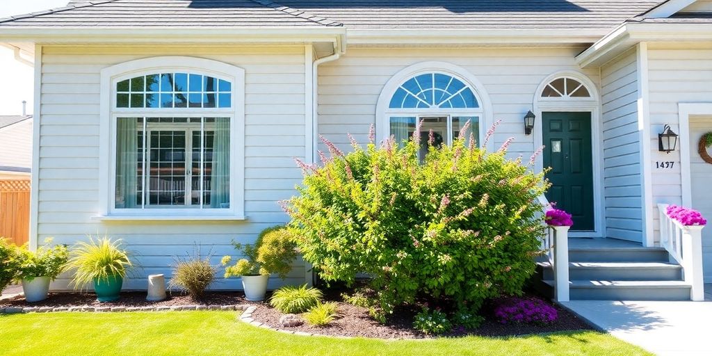 Home exterior with updated windows and fresh paint.
