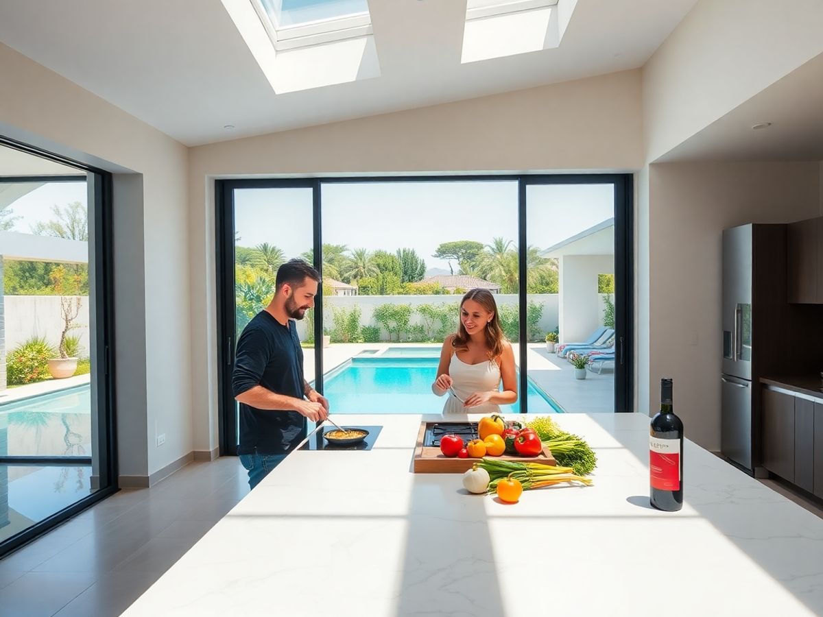 Una coppia che prepara un pasto nella cucina di una villa di lusso.