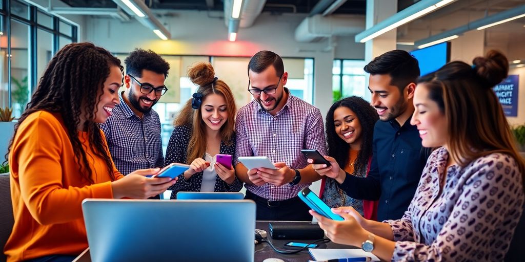 Diverse professionals collaborating in a modern digital workspace.
