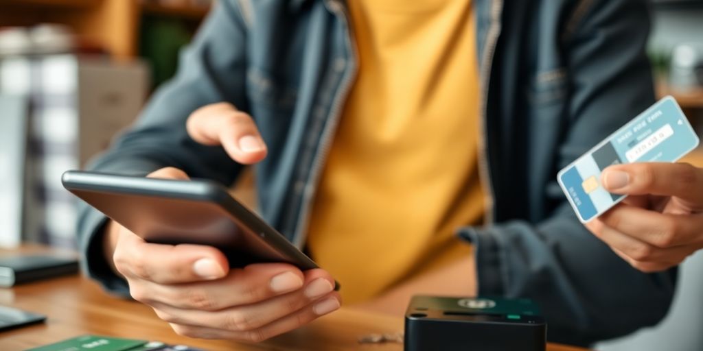 Small business owner using a mobile payment device.