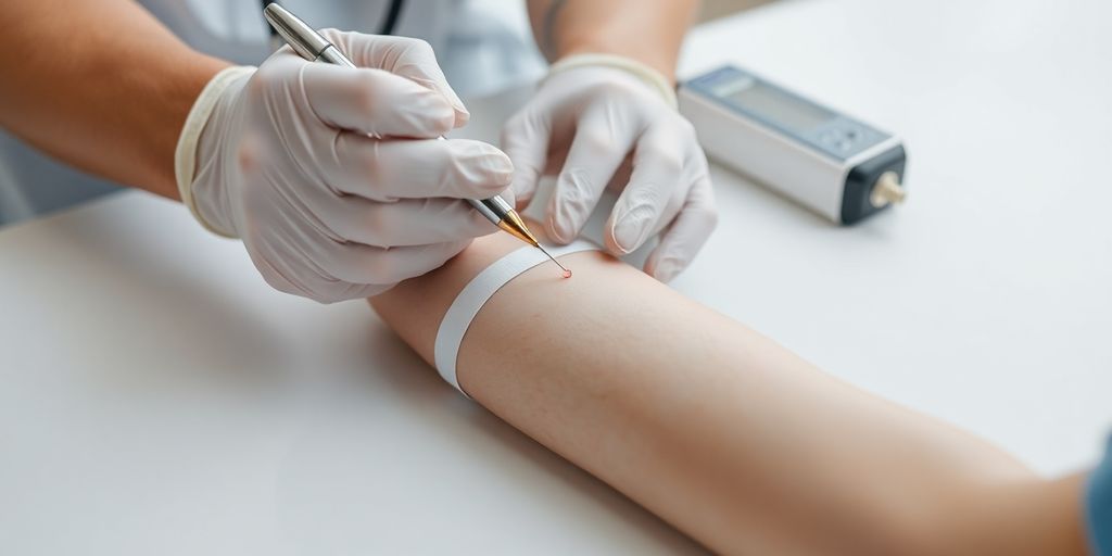 Healthcare professional drawing blood from patient's arm