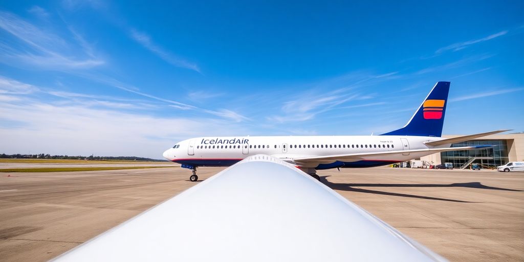 Flugvél á flugbraut, Íslandsbanki & Icelandair lógó