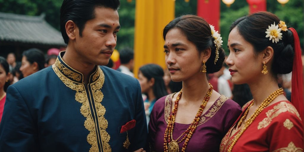 Diverse Asian couples in traditional clothing symbolizing polyamorous relationships.
