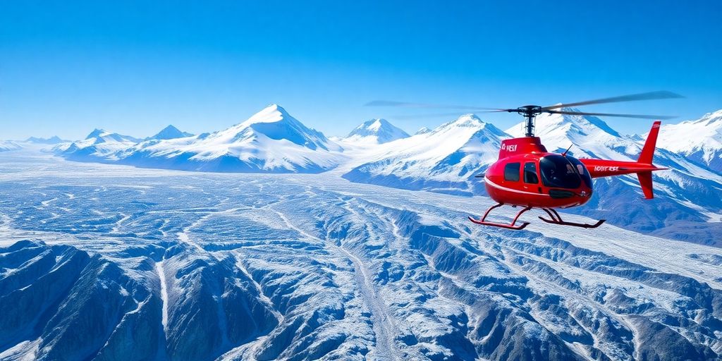 A helicopter flies over a vast, snow-covered Alaskan glacier.