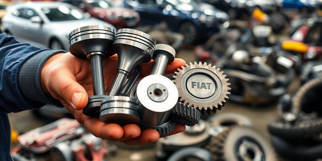 Mechanic holding car engine parts in a salvage yard.