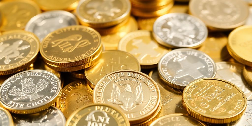 Gros plan sur des pièces d'or et d'argent brillantes.