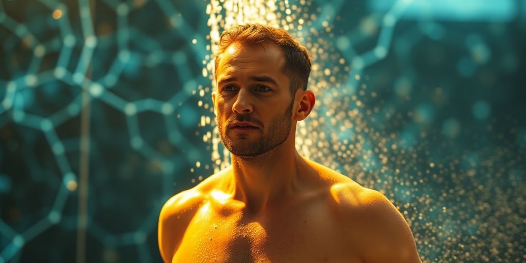 Man in cold shower, exercising, feeling accomplished.