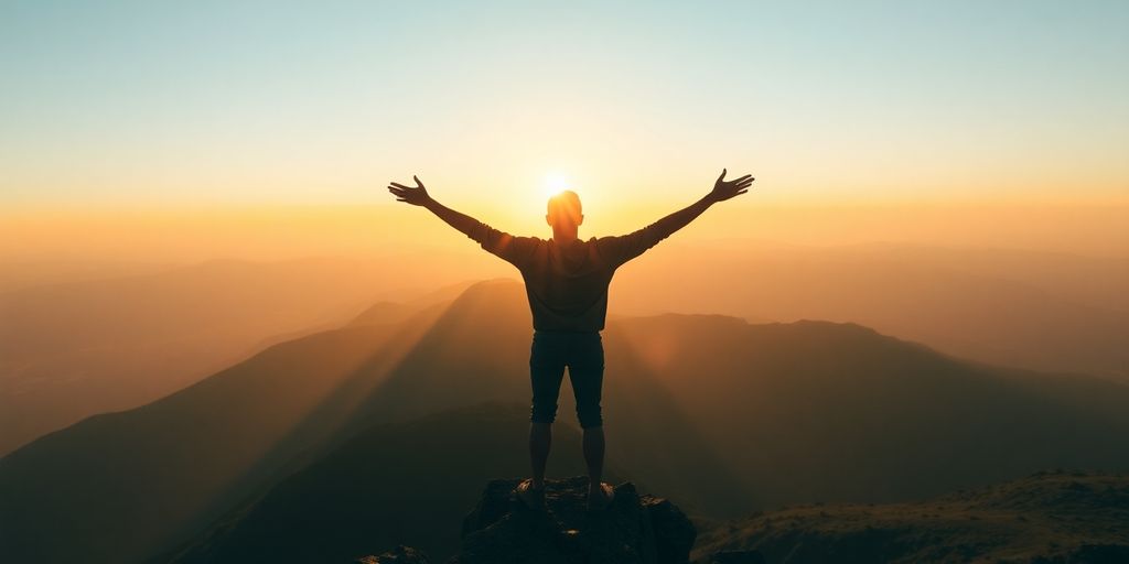 Person standing on mountain, arms outstretched, sunrise.