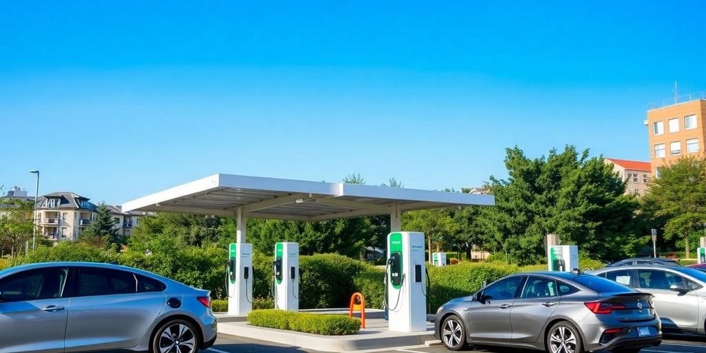 Electric vehicle charging station in a green urban area.