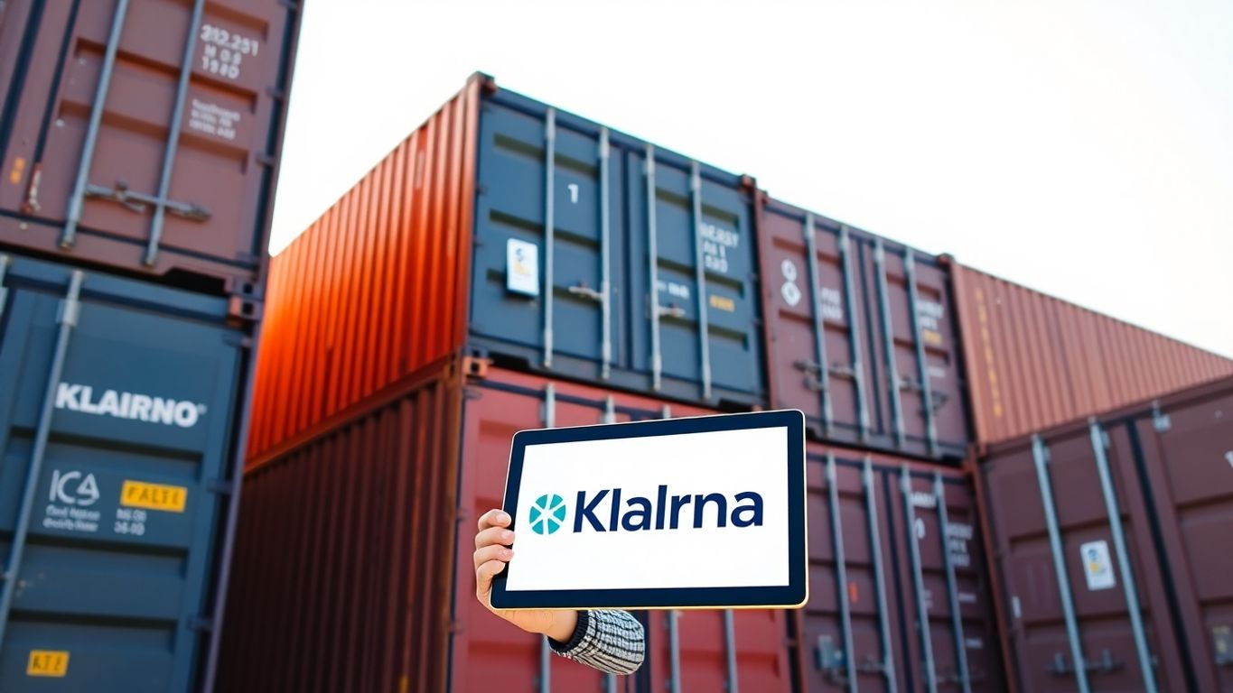 Shipping containers, Klarna logo, splitting payments.