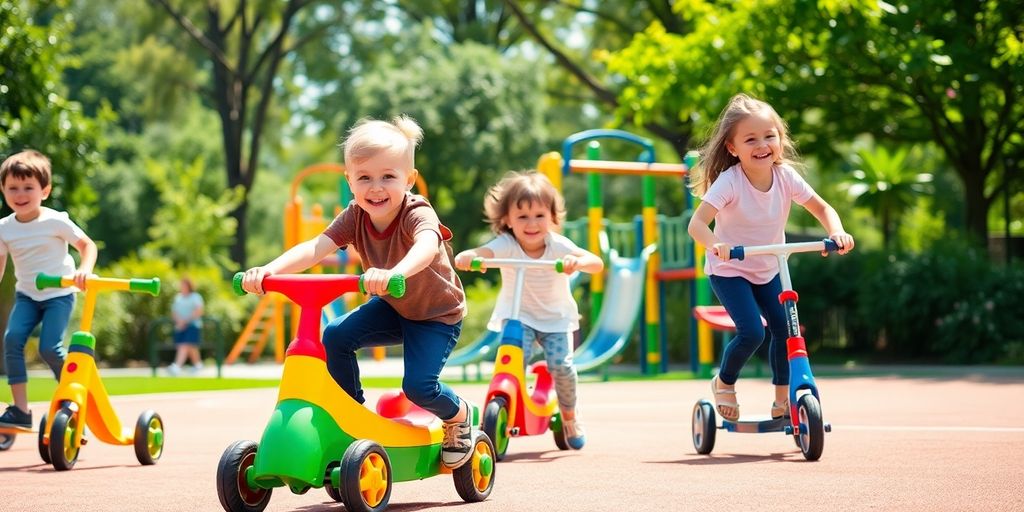 Kinder spielen mit bunten Bewegungsspielzeugen im Park.