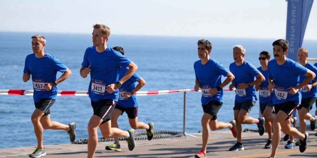Runners in blue shirts finishing marathon, ocean backdrop.