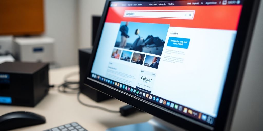 Computer screen with website layout and technical tools.