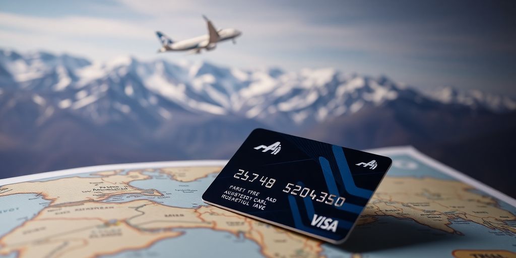Airline credit card and airplane flying over mountains.