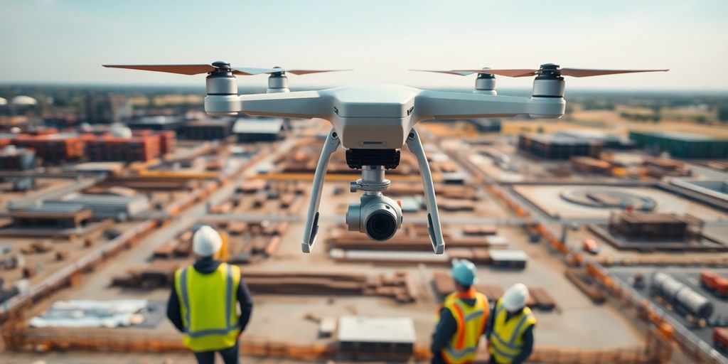 Drone flying over construction site, capturing aerial data.