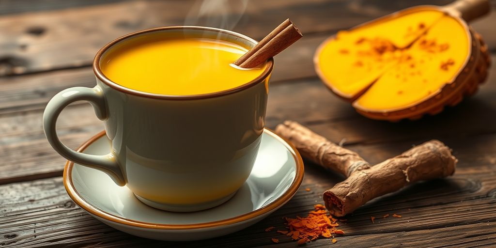 Steaming cup of golden turmeric milk with spices