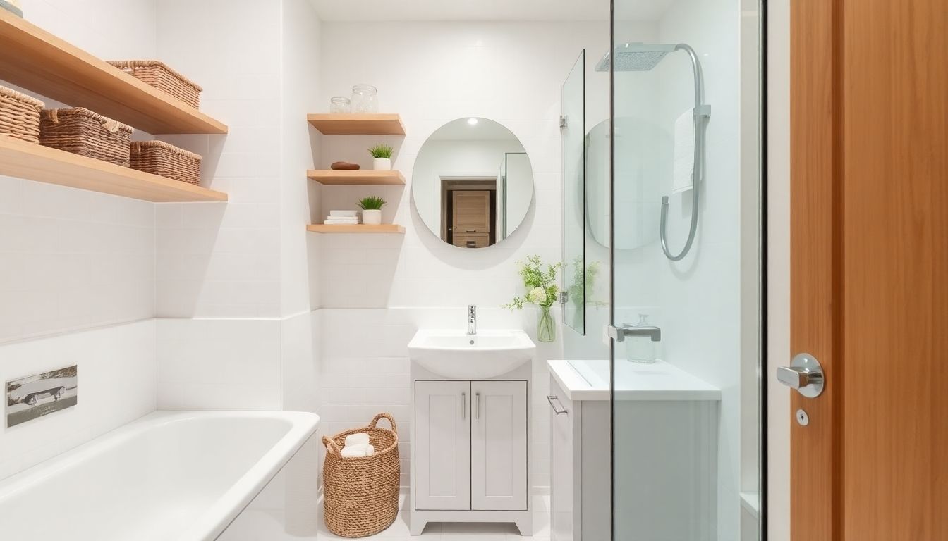 Small bathroom with innovative storage solutions.