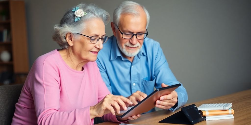 Elderly couple planning finances with calculator.