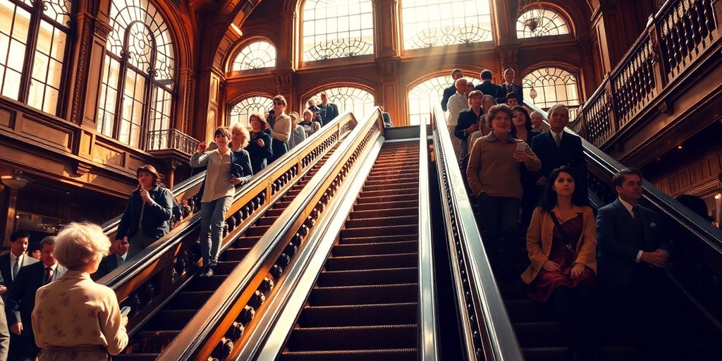 Early escalators moving people in a department store.