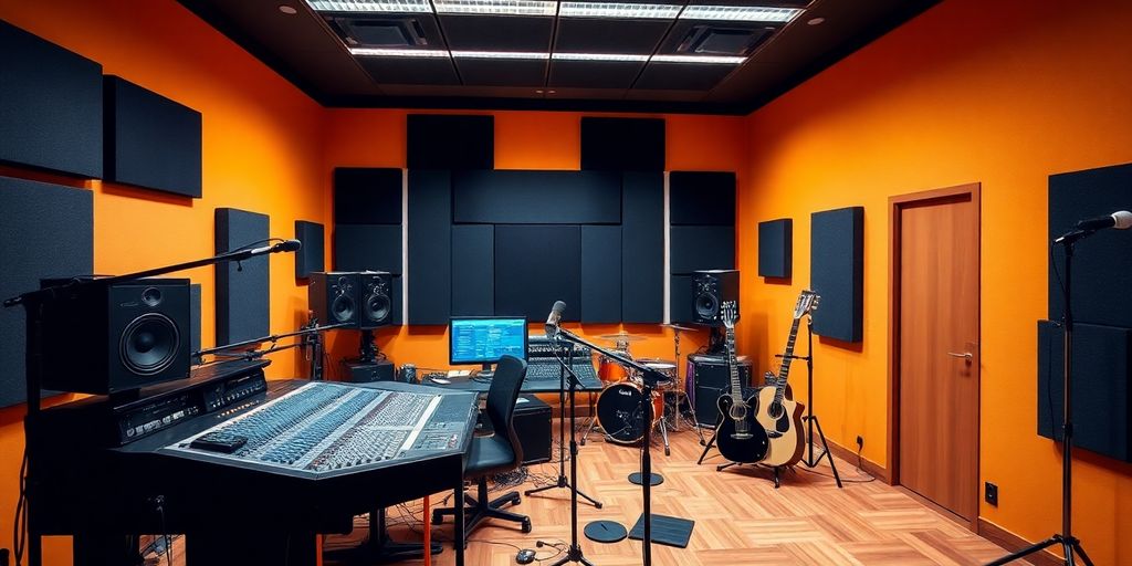 Modern recording studio with professional audio equipment and instruments.