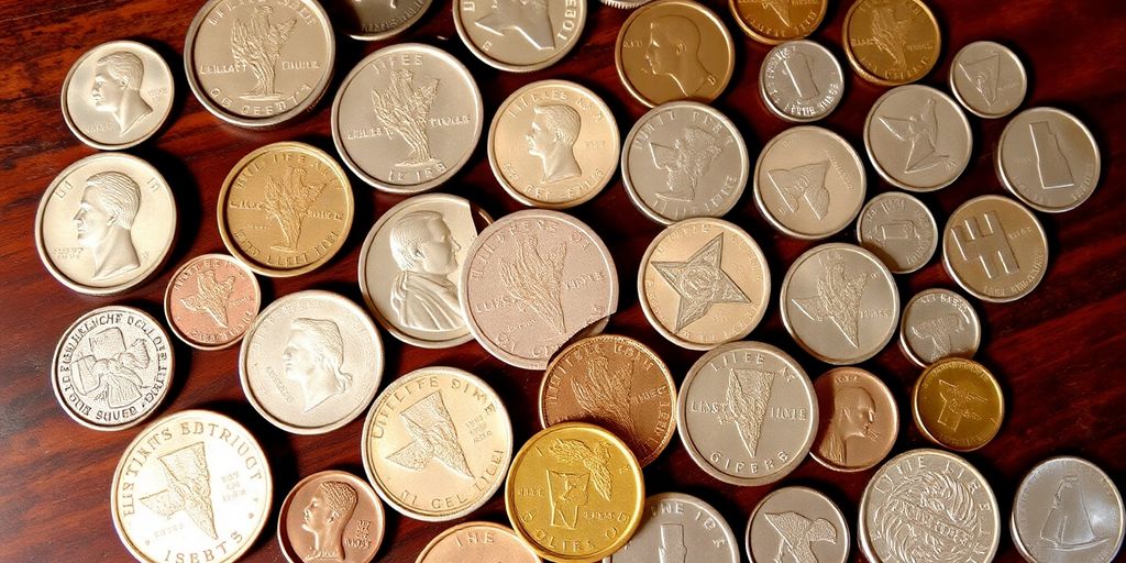 Various Texas coins arranged on a wooden table.