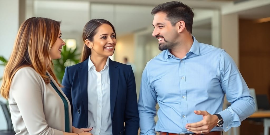 Real estate agent and broker discussing in an office.