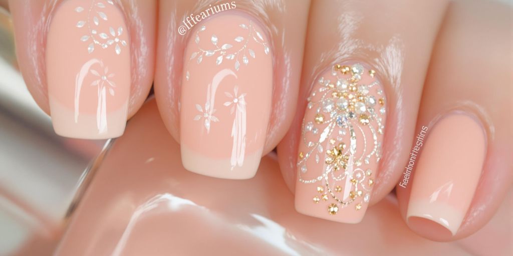 Unhas decoradas em tom pêssego com designs florais.