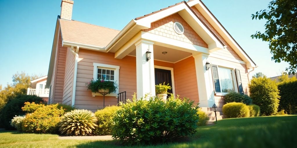 Cozy home with garden under a bright blue sky.