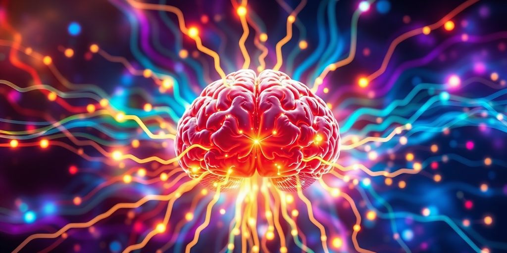 Glowing brain with circuits in vibrant, swirling colors.