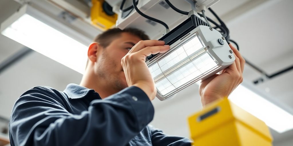 Technician replacing a ballast in a lighting fixture.