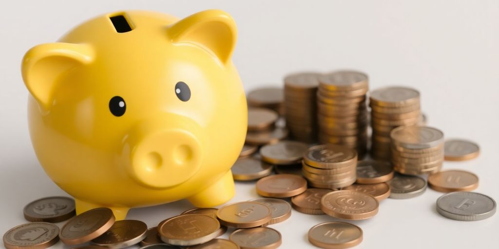 Colorful piggy bank with coins on a clean surface.