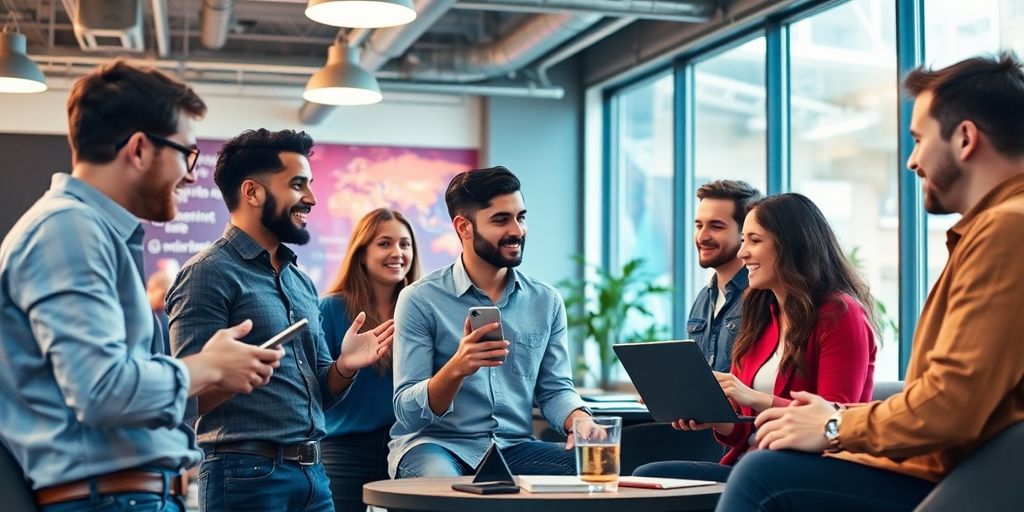 Group of entrepreneurs collaborating in a modern workspace.