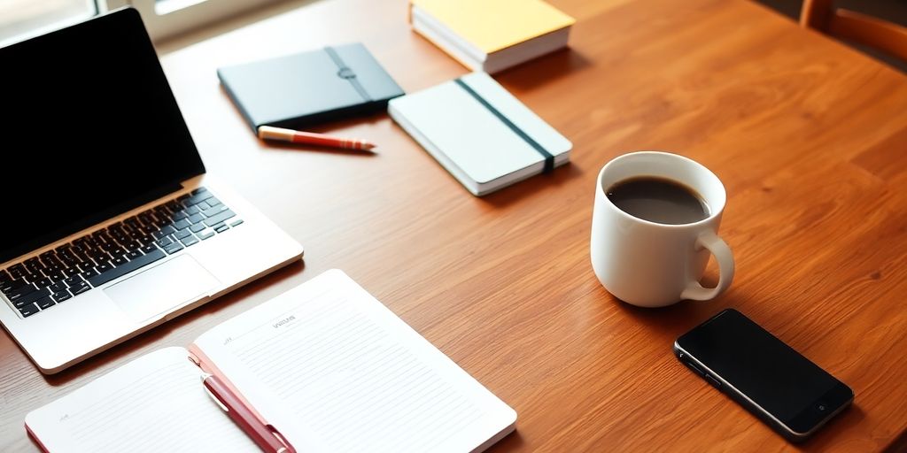 A bright workspace with laptop and notebooks.