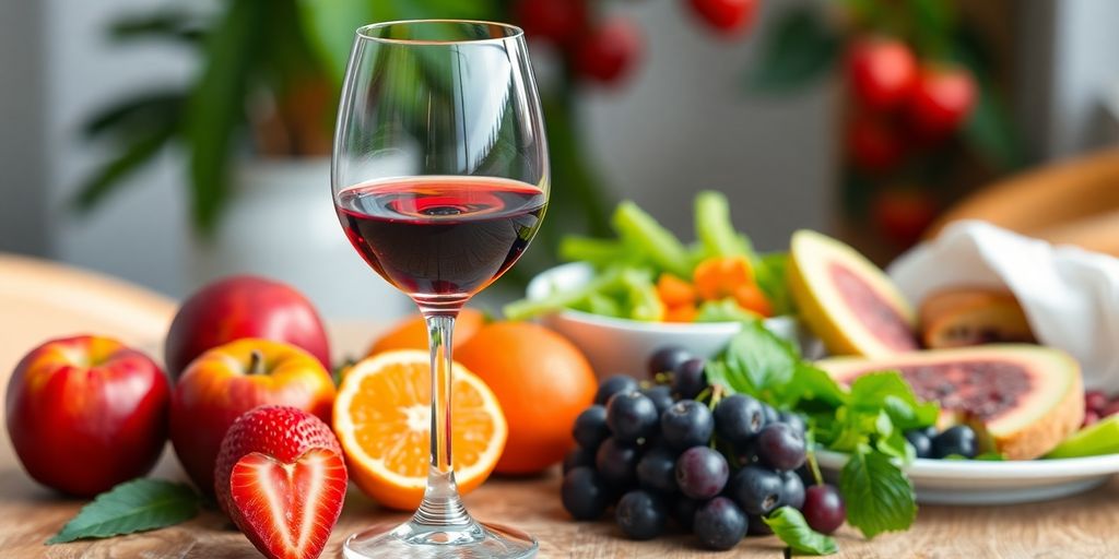 Glass of wine with healthy food and fruits on a table.