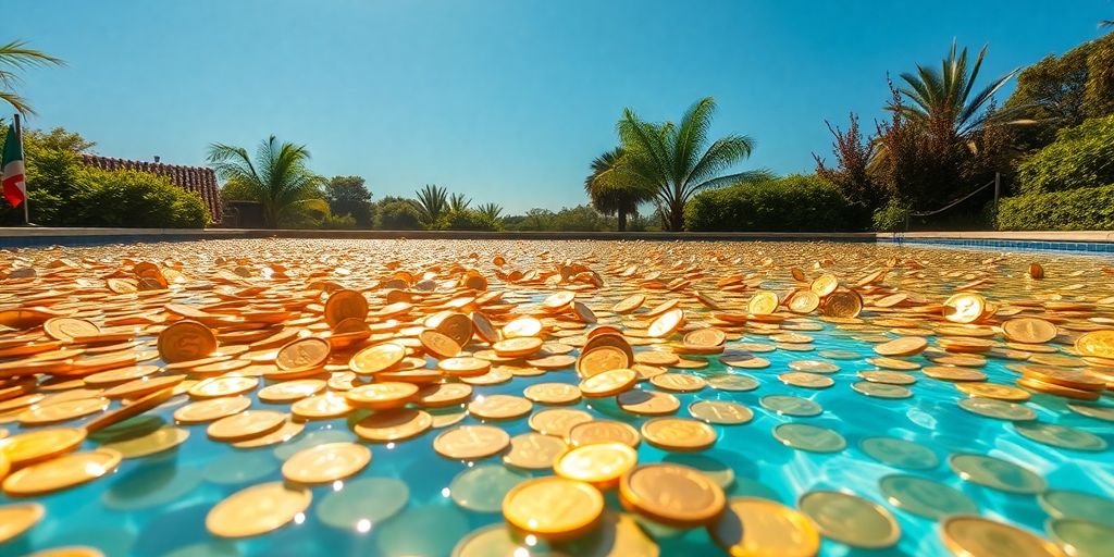 Piscine remplie de pièces d'or brillantes.