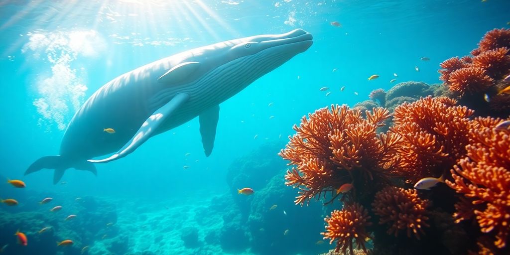 Baleen whale swimming in clear blue ocean waters.