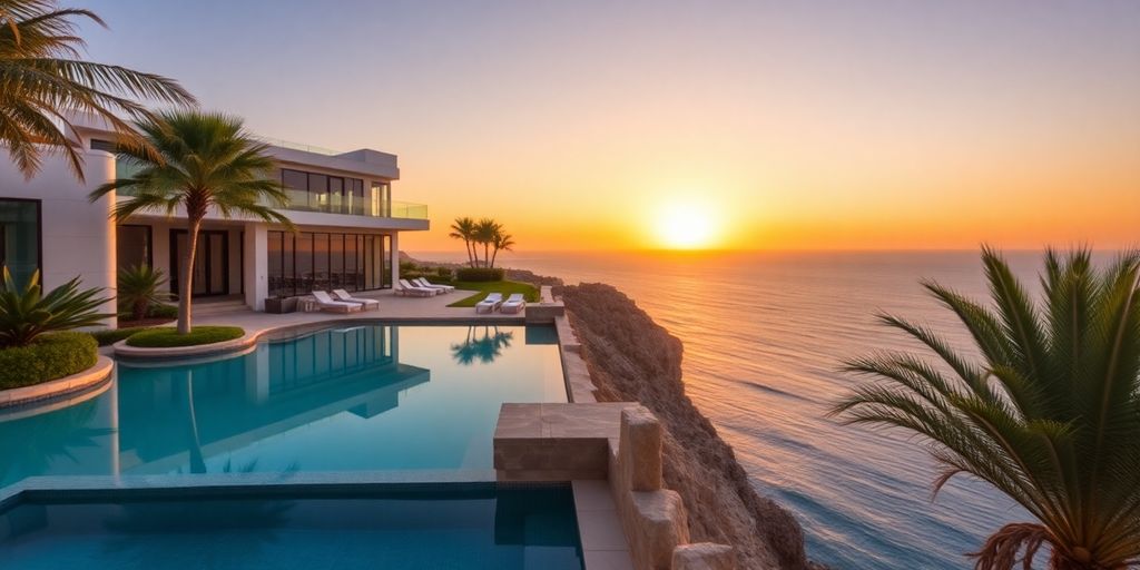 Luxurious Cabo villa with infinity pool, ocean view, palm trees, and sunset.